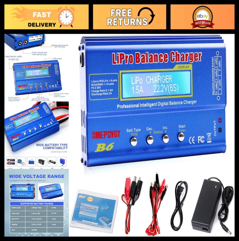 80W Balance Charger for LiPo/Li-ion/NiMH/NiCd RC Batteries - AC Power Supply, Di Battery