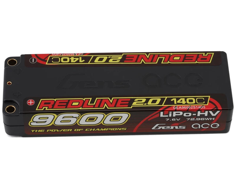 Gens Ace Redline 2.0 2S LiHV Battery 140C (7.6V/9600mAh) w/5mm Bullets Battery