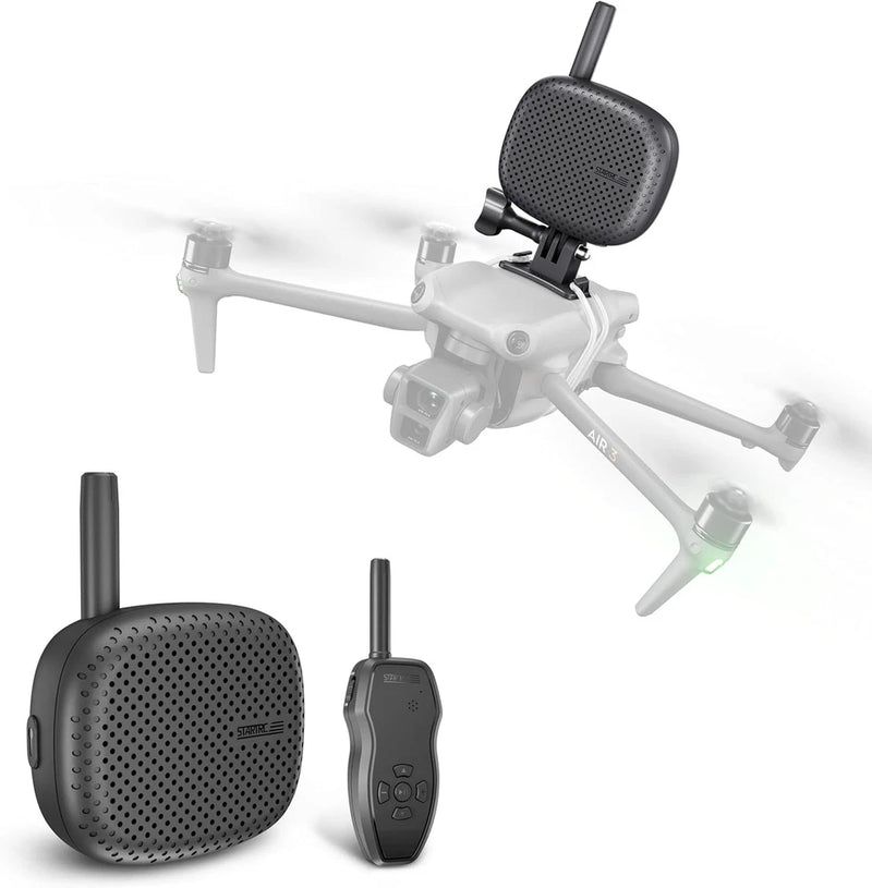 Black portable drone speaker megaphone with speaker grille and handheld controller