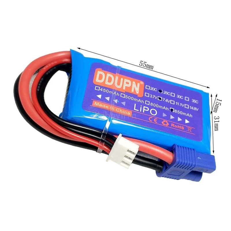 7.4V 2S 850mAh 25C LiPO Battery EC3 plug for RC Airplane QuadCopter Drone Racing Battery