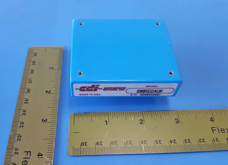 Blue DC-DC converter module in metal enclosure with label and four corner screws