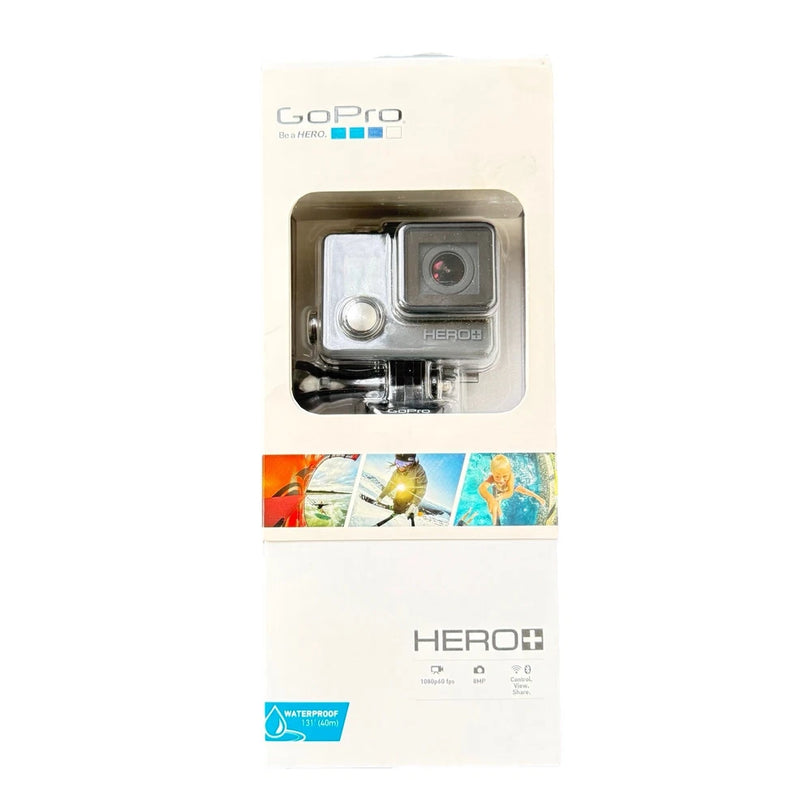 GoPro HERO+ action camera in clear waterproof housing, shown in retail box