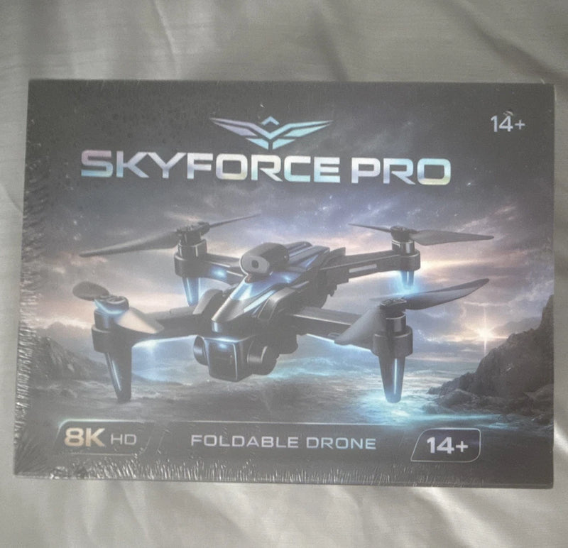 Foldable 8K HD drone retail box with SKYFORCE PRO branding