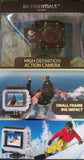 Waterproof sports action camera with 2-inch screen and protective frame on box