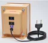 Voltage converter down transformer with beige metal unit and two-prong power plug cable