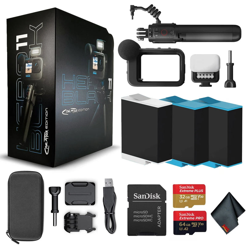 GoPro HERO11 action camera kit with rig, mic, batteries, and 64GB SD card