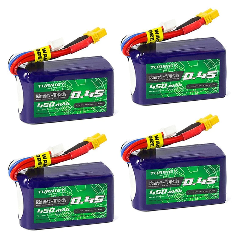 4pcs Turnigy Nano-Tech Plus 450mAh 4S 14.8V LiPo Battery 70C 140C (XT30 Connecto