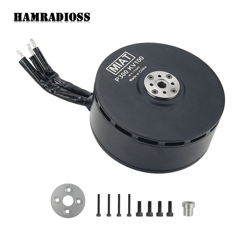 Brushless drone motor with mounting plate, screws, and connector cable, black circular housing