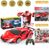 Red transforming RC robot car with remote controller, sports car design