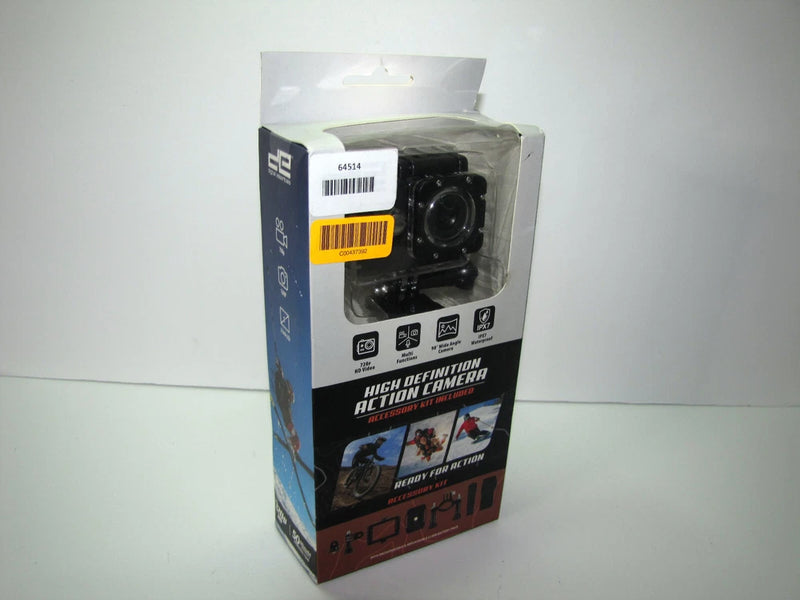 Action camera accessory kit box with high-definition camera and display label