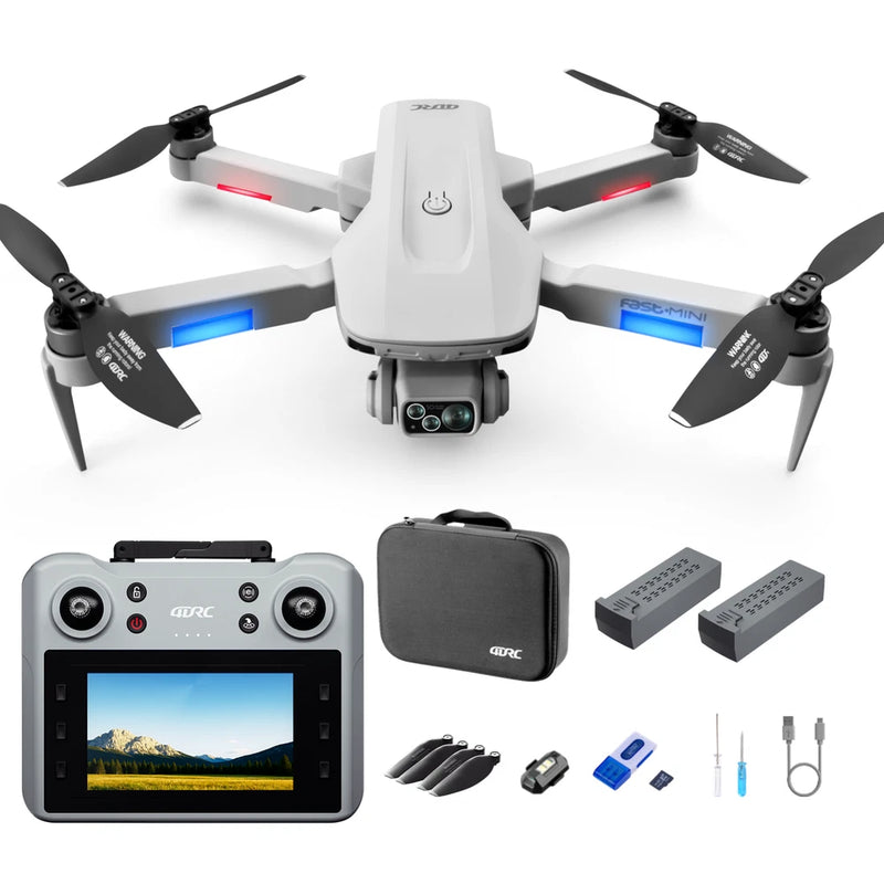 White GPS FPV quadcopter drone with 4K dual camera, controller screen and accessories