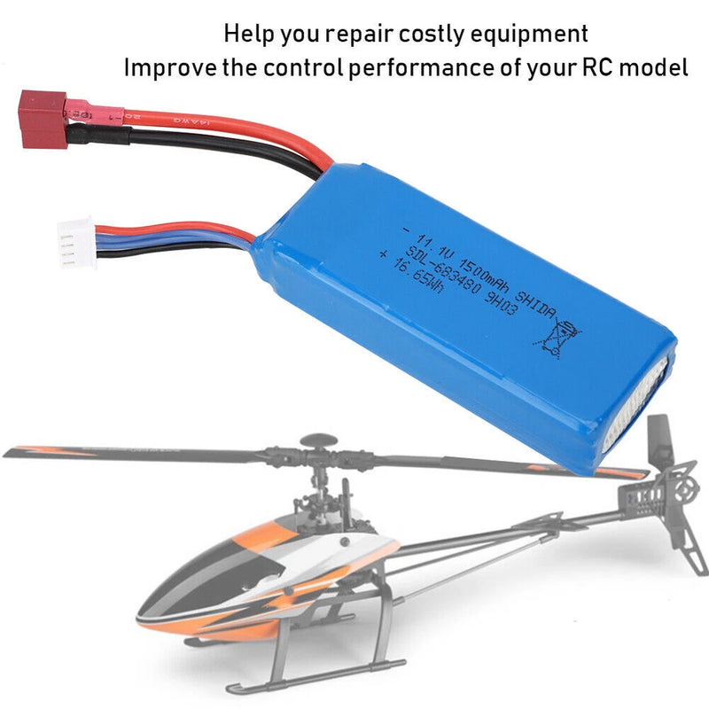Blue 11.1V LiPo battery pack with wiring and connector for RC helicopter