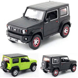 Diecast Suzuki Jimny model car in dark gray with chrome red wheels, front three-quarter view