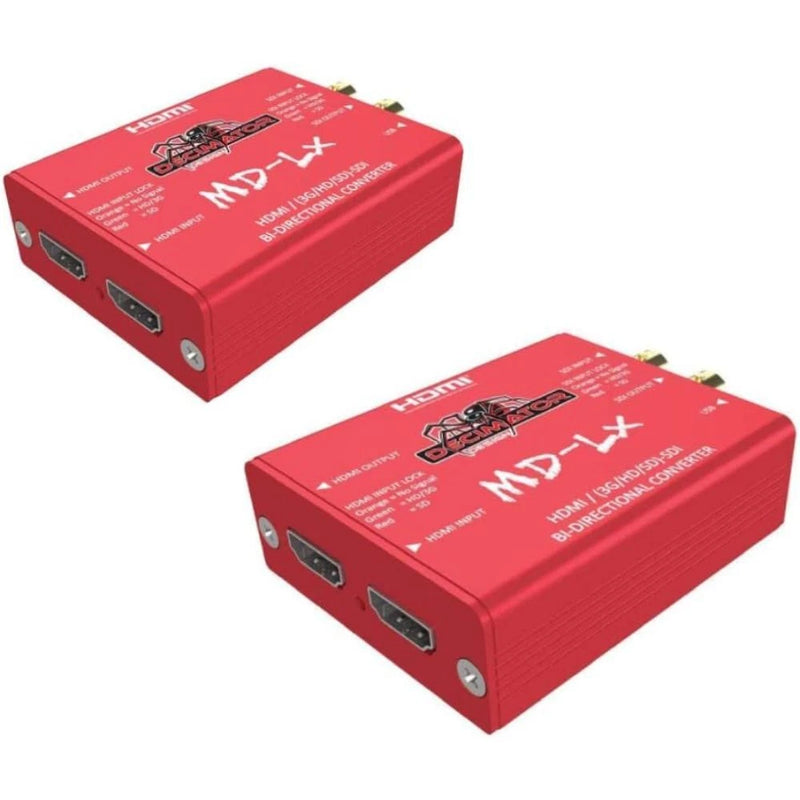 Red HDMI/SDI bidirectional converter pair with HDMI/SDI ports on metal boxes