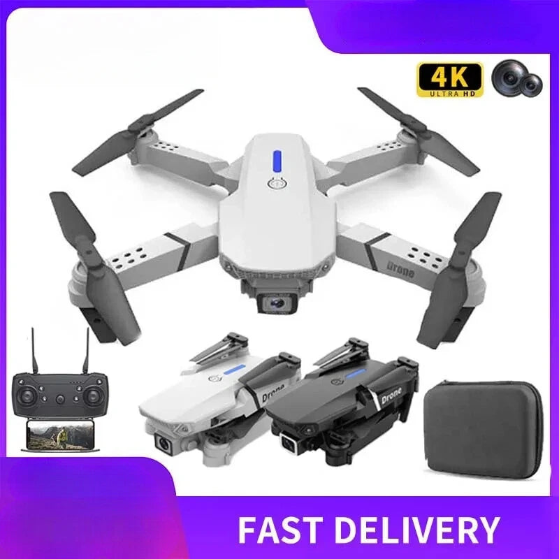 Foldable quadcopter drone with 4K camera, white body and four propellers, remote and case