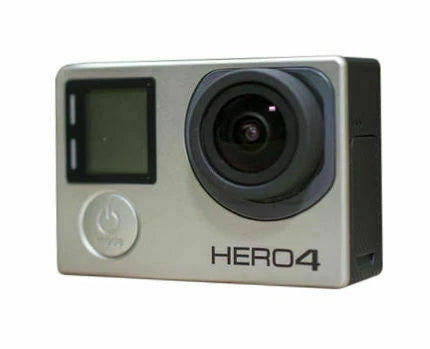 GoPro HERO4 action camera with front LCD screen and wide lens, silver body