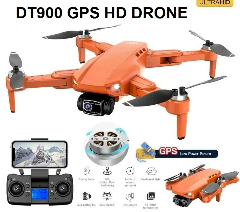 Orange GPS HD drone with front camera and folding quad rotors
