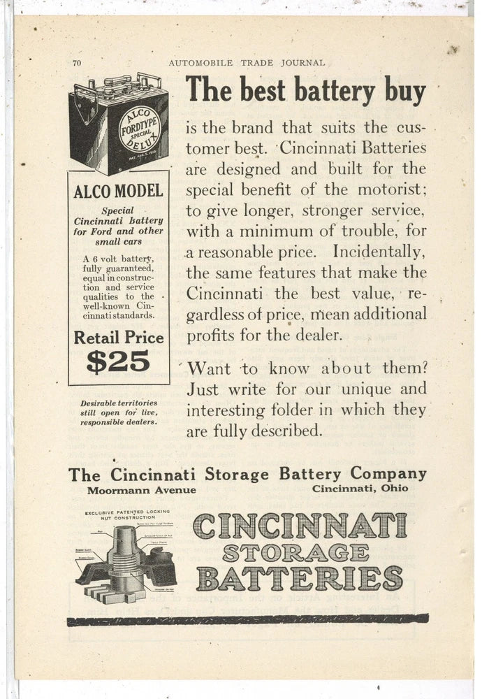 1921 Cincinnati Storage Battery Co. Ad: ALCO Model for Ford Cars - Moorman Ave. Battery