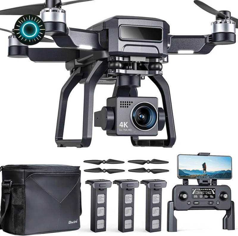 Black quadcopter drone with 4K camera, remote controller, and three spare batteries.