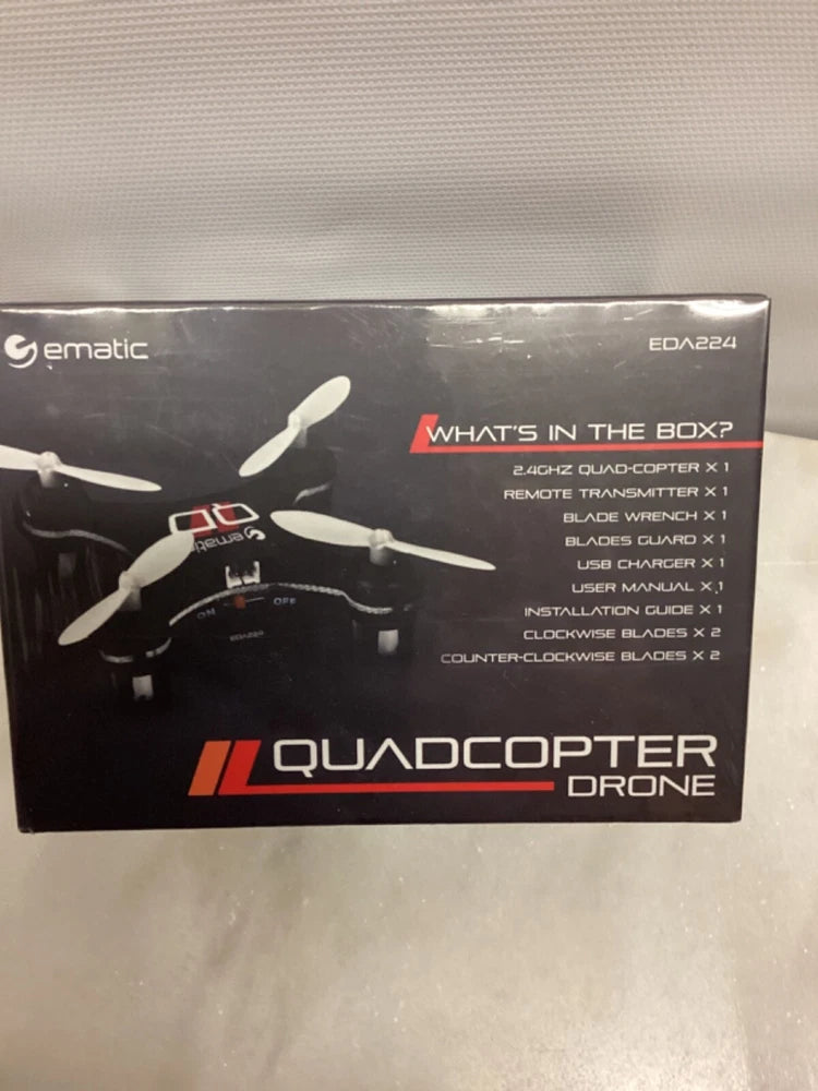 Mini quadcopter drone retail box with illustrated drone and LED lights