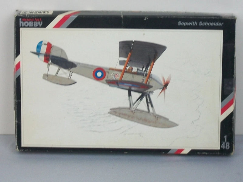 1/48 scale Sopwith Schneider model aircraft kit box art with biplane design
