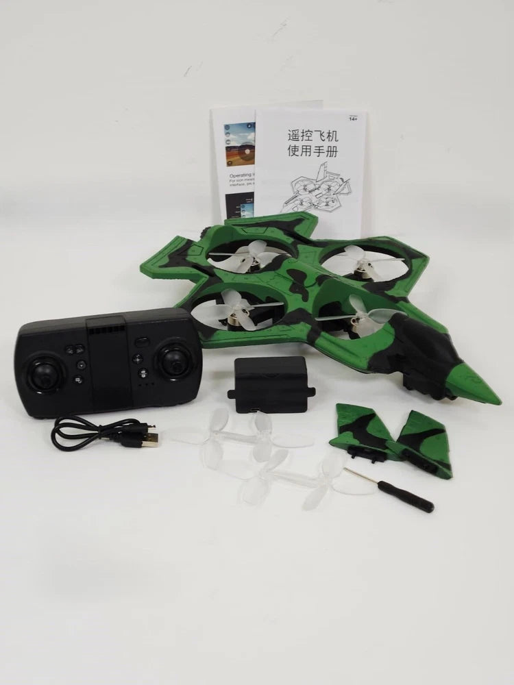 Green quadcopter jet drone with FPV camera module and spare propellers, includes controller