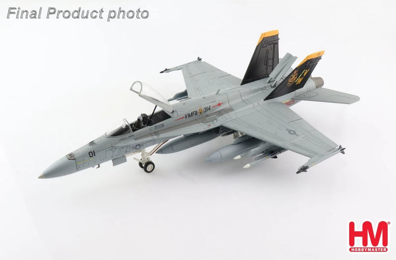 Hobby Master F/A-18A Hornet die-cast model with gray fuselage and orange markings