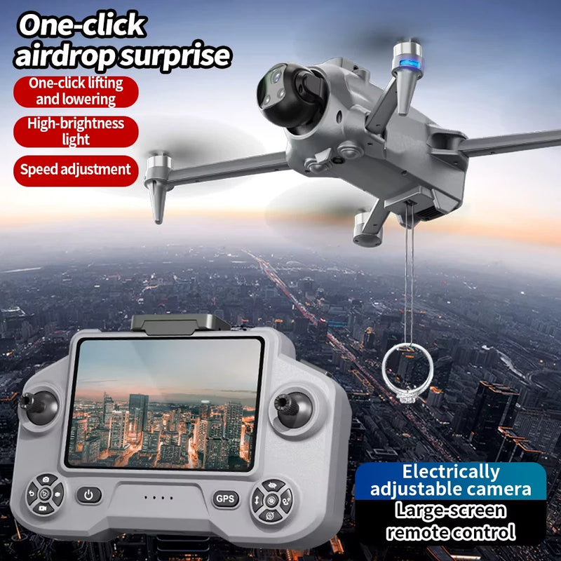 Gray FPV drone with handheld remote controller and dual-camera housing