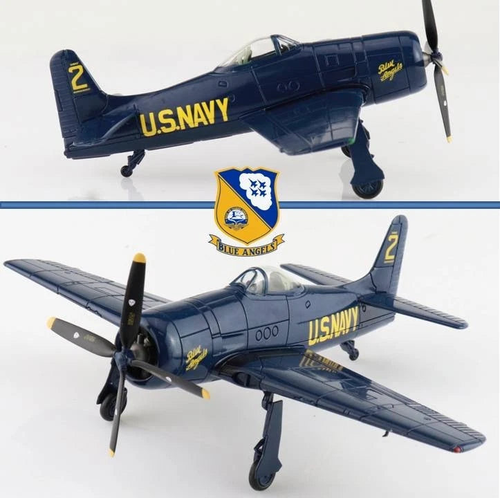 Dark blue F8F Bearcat model airplane with U.S. NAVY markings and landing gear