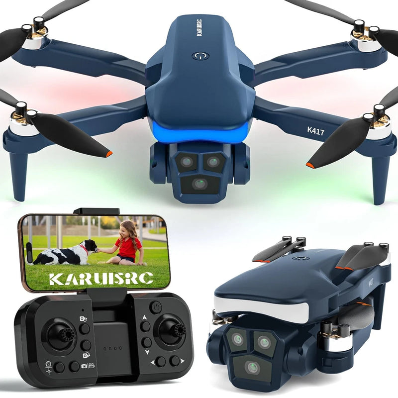 Blue mini quadcopter drone with four propellers and blue LED, with remote controller