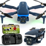 Blue mini quadcopter drone with four propellers and blue LED, with remote controller