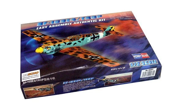 HOBBYBOSS 1/72 BF-109E4/TROP aircraft model kit box with painted plane artwork