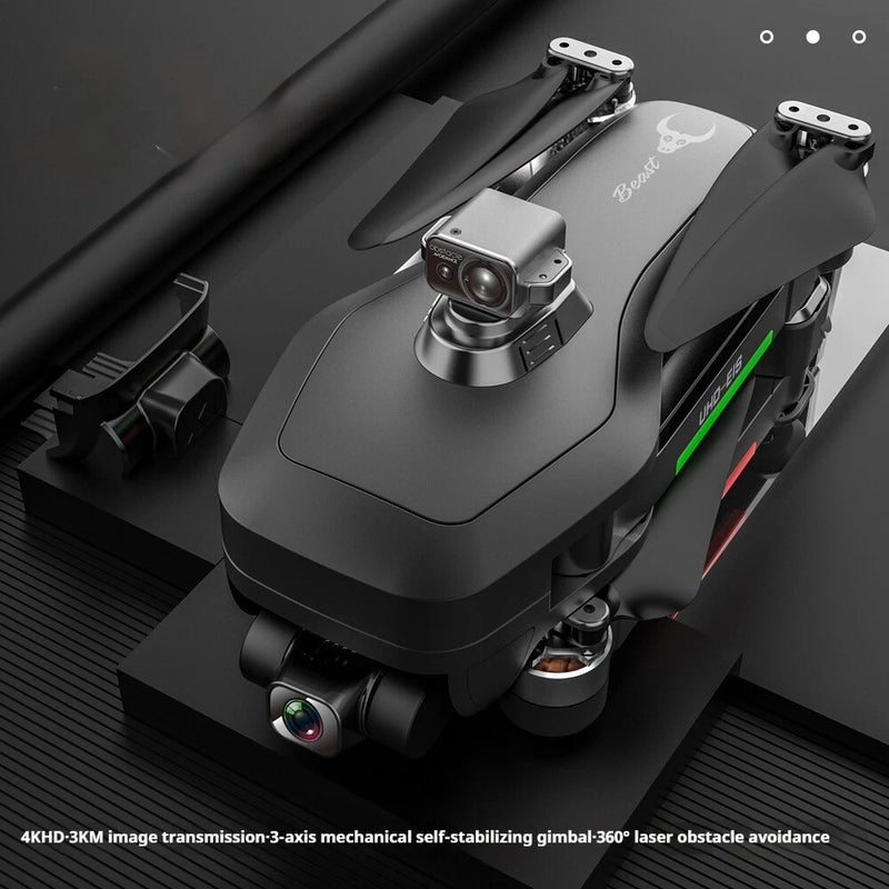 Black PTZ drone with motorized 3-axis gimbal and front camera, folded prop arms