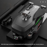 Black PTZ drone with motorized 3-axis gimbal and front camera, folded prop arms