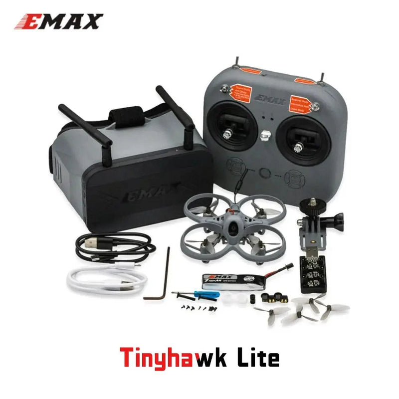 FPV racing drone kit with 75mm quadcopter, gray controller, and camera module