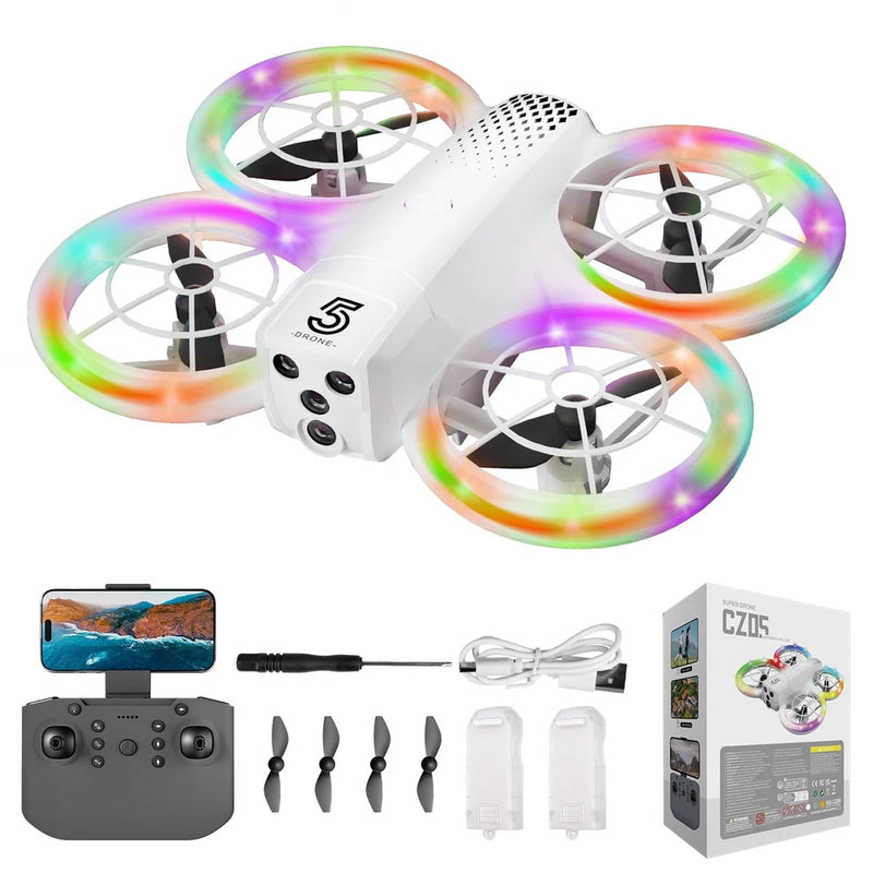 White mini quadcopter drone with four propellers and rainbow LED light rings