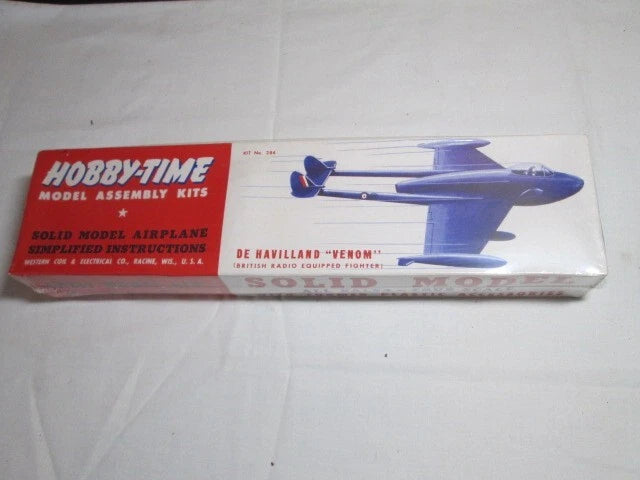 Hobby-Time De Havilland Venom balsa wood model airplane kit box, blue and white