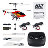Red and black mini RC helicopter with black remote, batteries, and spare blades