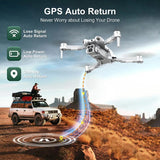 Quadcopter drone with front 8K camera and obstacle-avoidance sensors, landing legs down