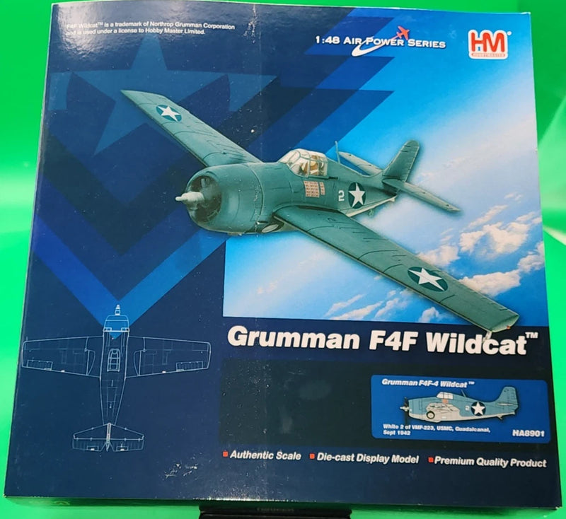 Hobby Master die-cast Grumman F4F Wildcat model airplane in box, green fighter aircraft
