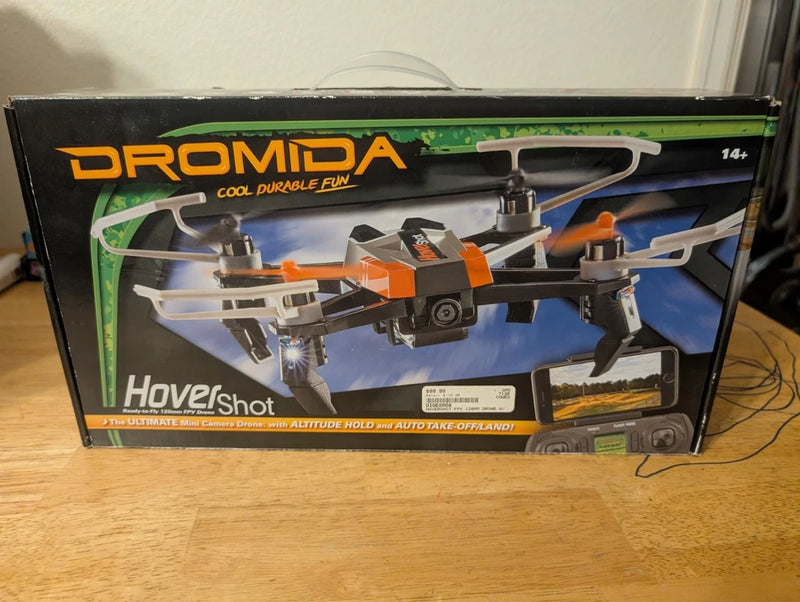 Dromida Hovershot FPV drone retail box with printed quadcopter and orange accents