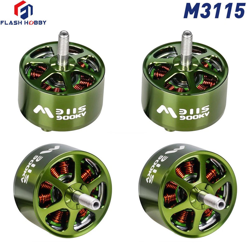 Green M3115 brushless motor with mounting shaft and four copper coil windings