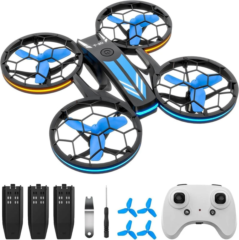 RC quadcopter drone with blue LED lights, four propellers, and white remote controller