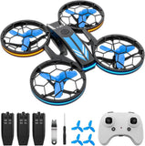 RC quadcopter drone with blue LED lights, four propellers, and white remote controller