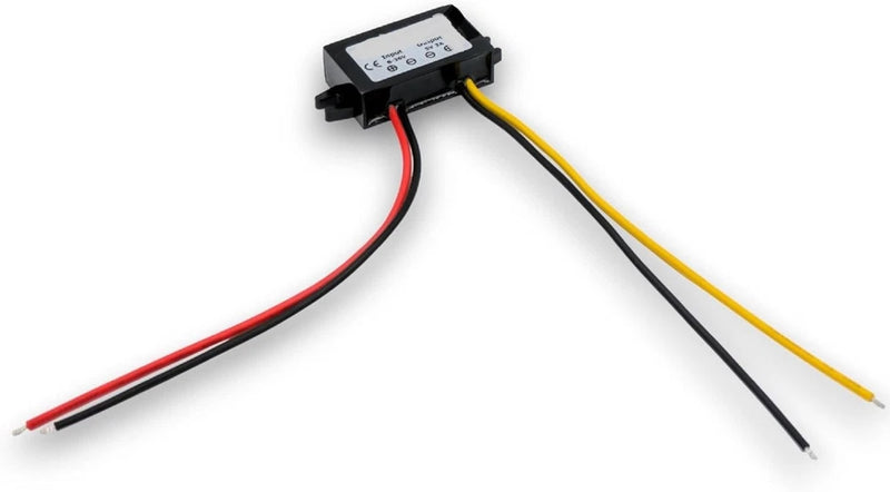 DC step-down voltage converter module with black enclosure and three wire leads