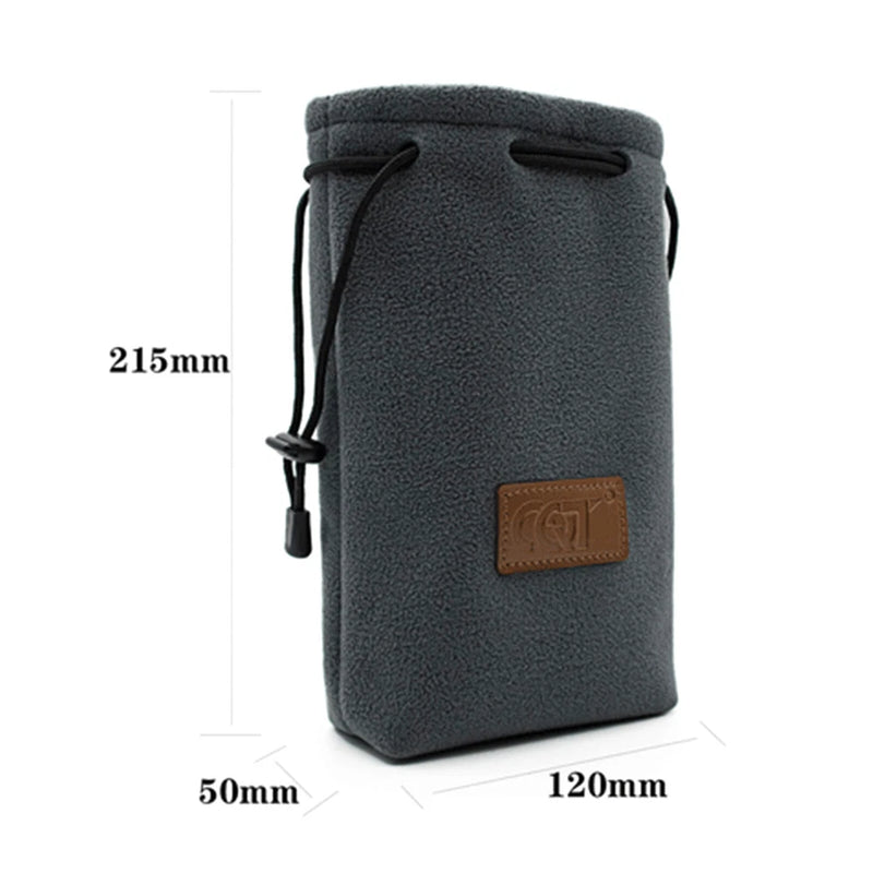 Dark gray remote control storage pouch with drawstring and leather logo patch