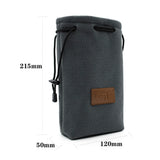 Dark gray remote control storage pouch with drawstring and leather logo patch