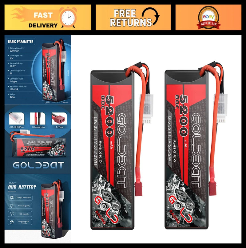 3S 5200mAh 80C LiPo Battery Pack with Hard Case T Plug for RC Racing Car (2 Pack
