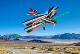 RC biplane airplane model in red, white, and black with landing gear down