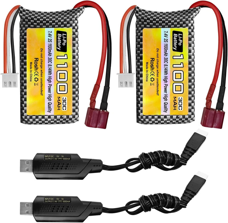 2PCS 7.4V 2S 1100mAh 30C Lipo Battery T Plug with USB Charger for 18859 18858